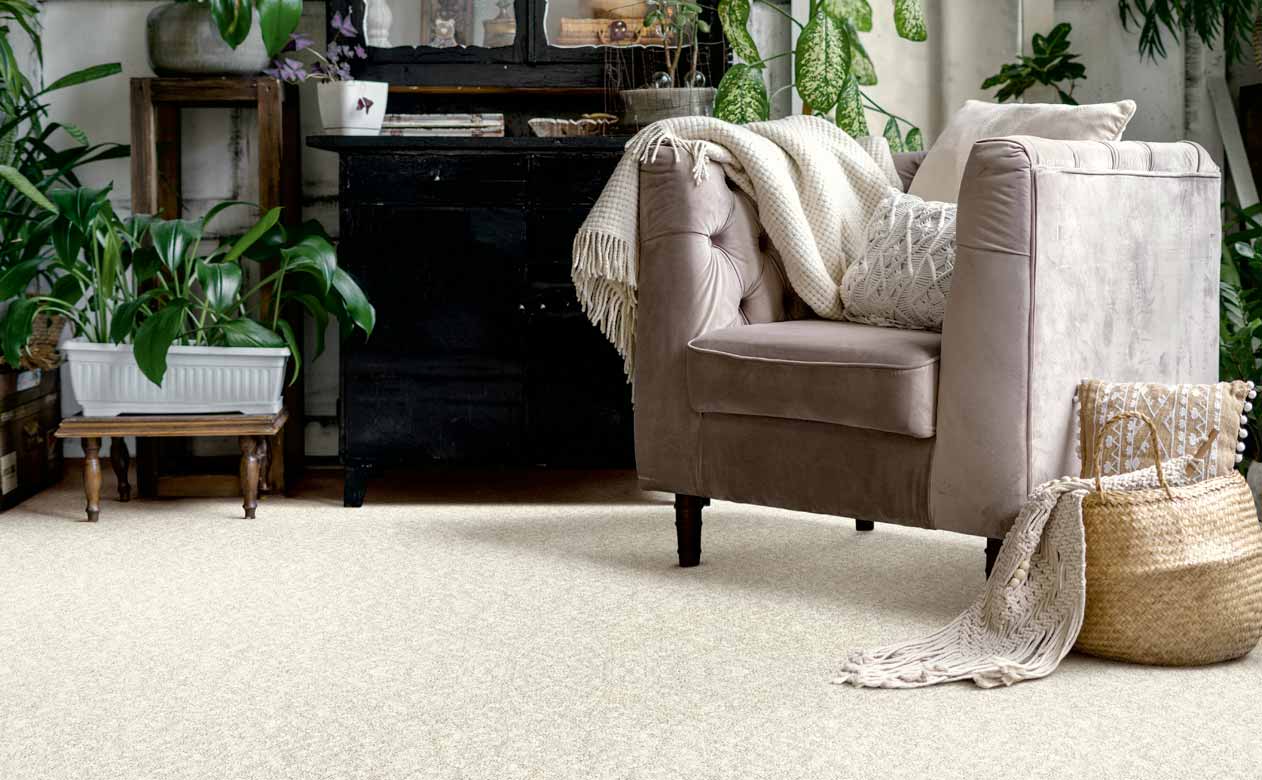 Living room with cream colored carpet and velvet accent chair