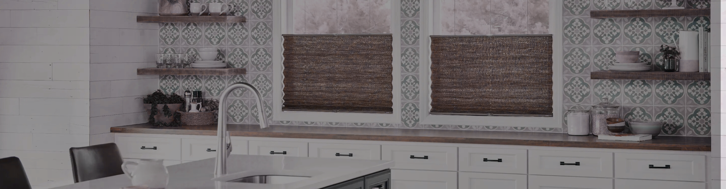 Wooden blinds in kitchen. 